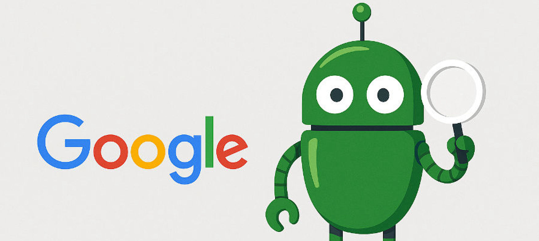 Illustration of a green Googlebot holding a magnifying glass, standing beside the colorful Google logo on a light background.